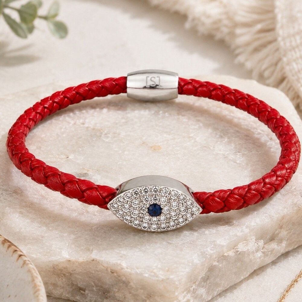 Liza Schwartz Red Braided Leather Evil Eye Crystal Magnetic Bracelet 5”